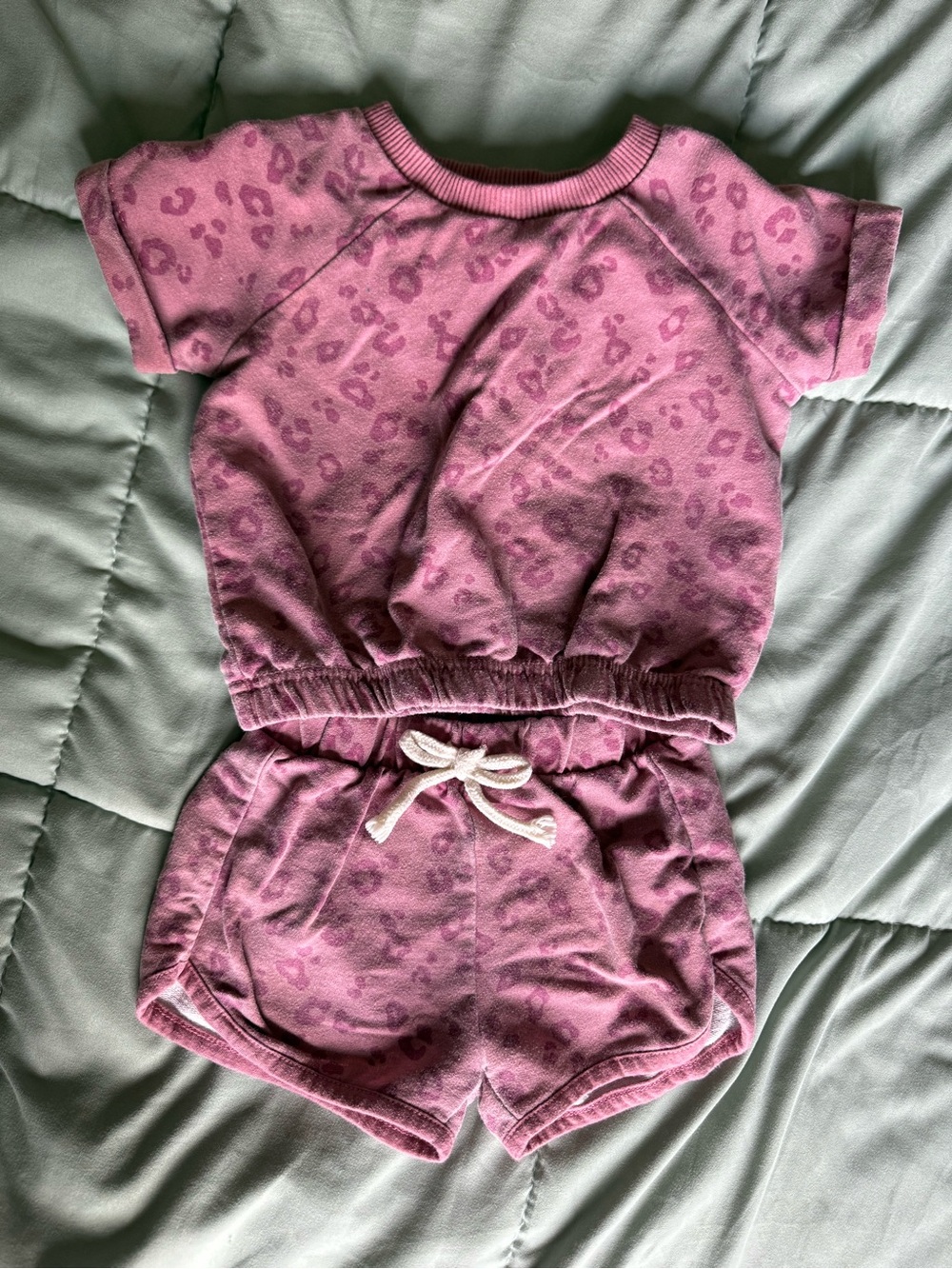 Kids Pink Leopard Print Matching Set - Short Sleeve Top & Shorts